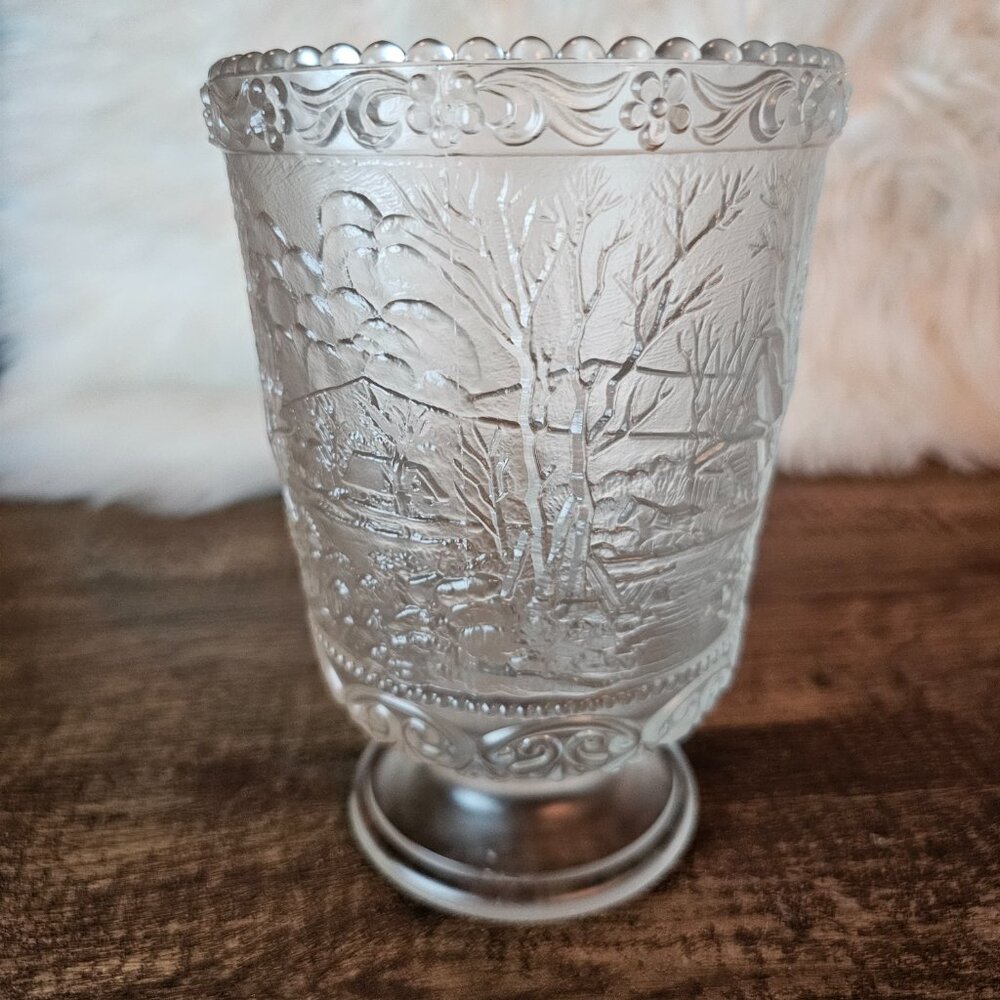 Fenton Currier & Ives 6" Footed Frosted Satin Glass Pedestal Vase Candleholder - Picture 2 of 6